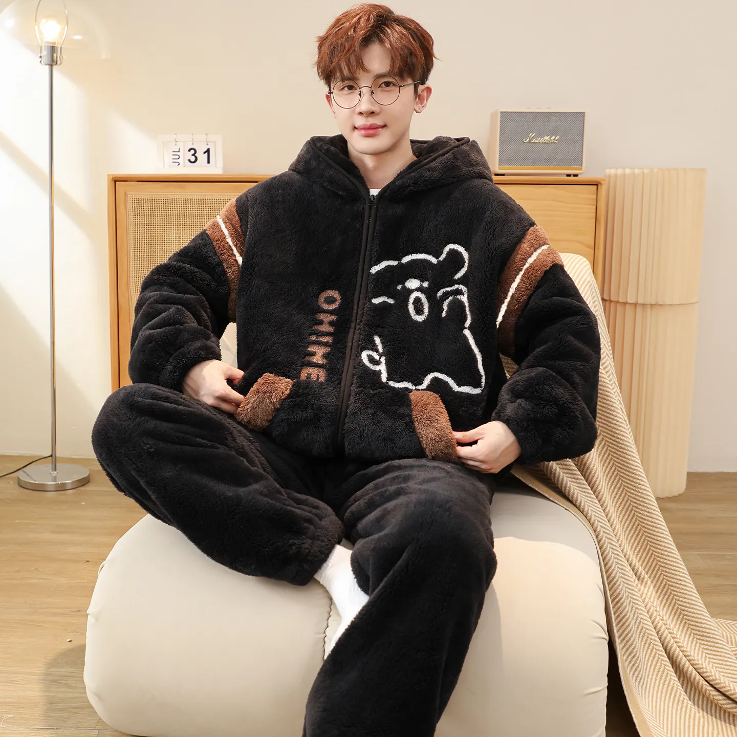 Men's Pajamas Coral Fleece Autumn Winter Thickened Fleece Loose Zipper Loungewear · Wholesale · OEM · Worldwide Shipping - View 3