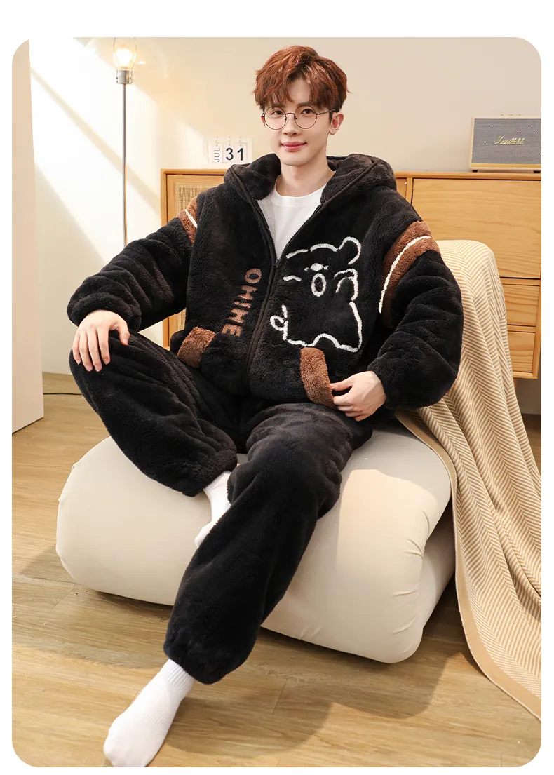 Men's Pajamas Coral Fleece Autumn Winter Thickened Fleece Loose Zipper Loungewear · Wholesale · OEM · Worldwide Shipping - Detail 12