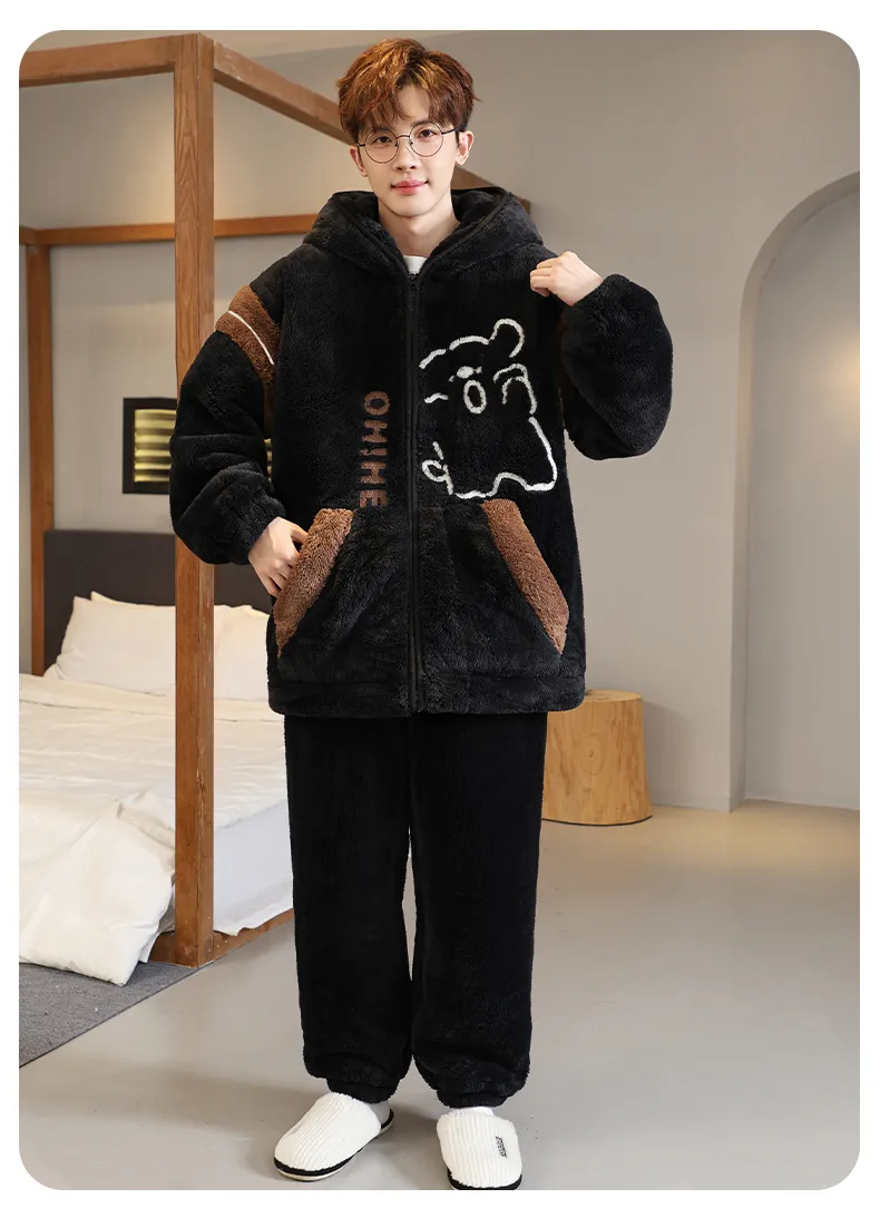 Men's Pajamas Coral Fleece Autumn Winter Thickened Fleece Loose Zipper Loungewear · Wholesale · OEM · Worldwide Shipping - Detail 13