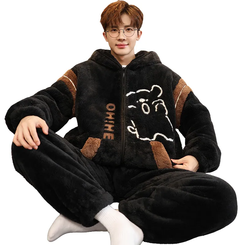 Men's Pajamas Coral Fleece Autumn Winter Thickened Fleece Loose Zipper Loungewear · Wholesale · OEM · Worldwide Shipping - View 4