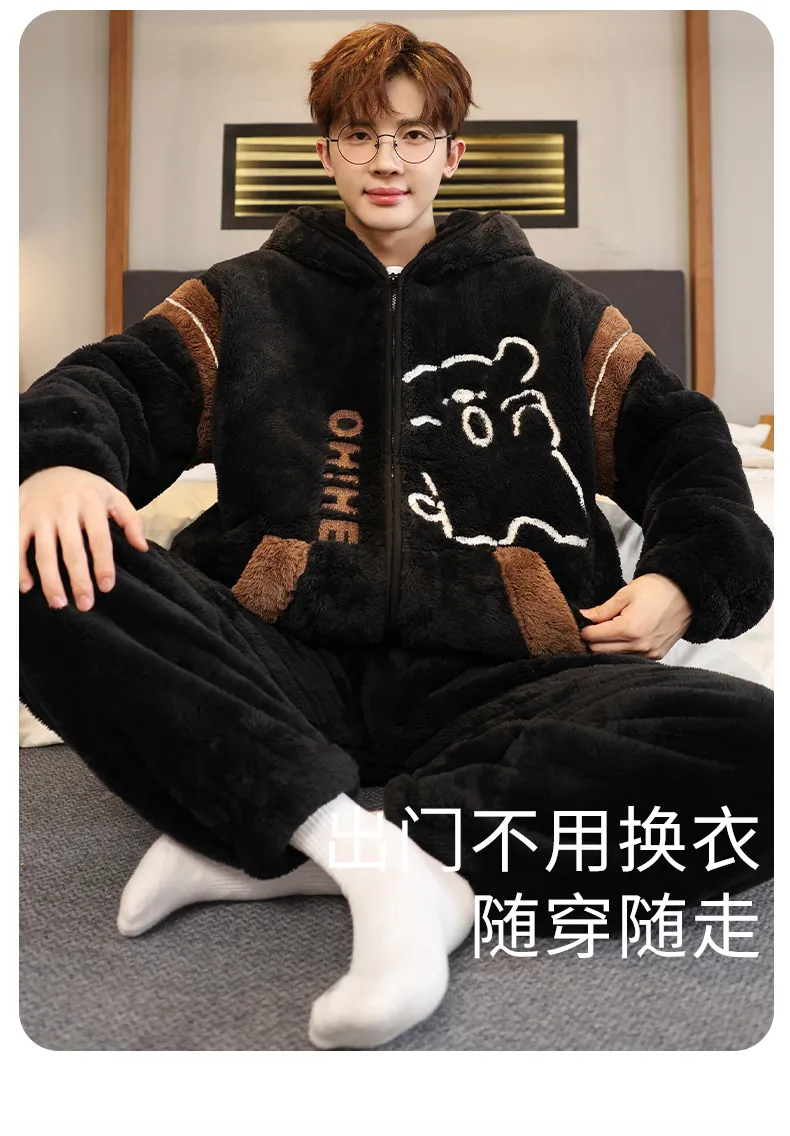 Men's Pajamas Coral Fleece Autumn Winter Thickened Fleece Loose Zipper Loungewear · Wholesale · OEM · Worldwide Shipping - Detail 7