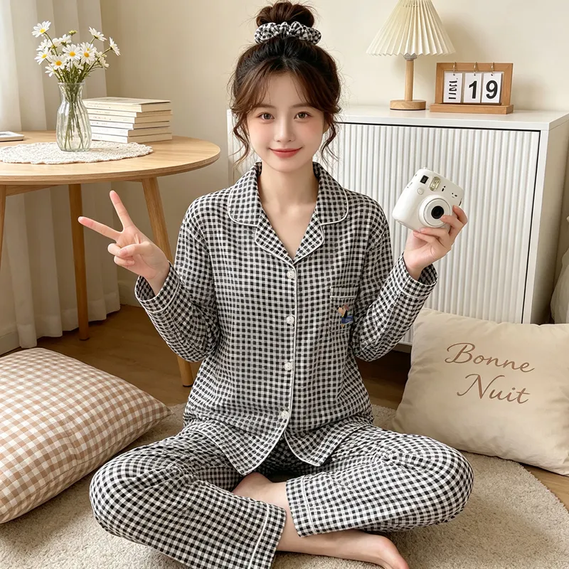 Set Piyama Rumah Source Xing YY026 Katun Awan Klasik Kartun Lucu Kotak-kotak Anjing Bordir Nyaman di Kulit