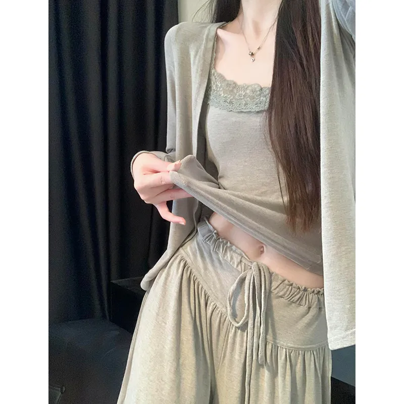 Lace Trim Modal Pajamas with Chest Pad Three-Piece Women Camisole Long Pants Outer Wear Homewear · Wholesale · OEM · Worldwide Shipping - View 2