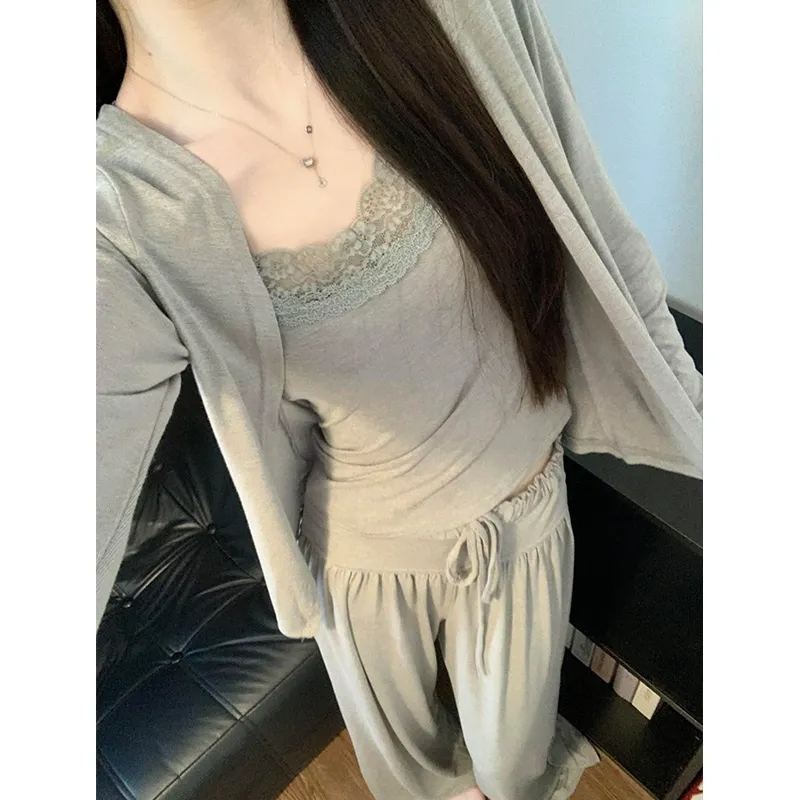 Lace Trim Modal Pajamas with Chest Pad Three-Piece Women Camisole Long Pants Outer Wear Homewear · Wholesale · OEM · Worldwide Shipping - View 1
