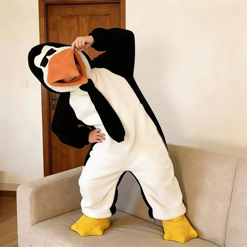 カップル・親子お揃い つなぎバスローブ おもしろペンギン フード付き コーラルフリース レディース冬厚手パジャマ · 卸売 · OEM · 世界へ発送 - View 3