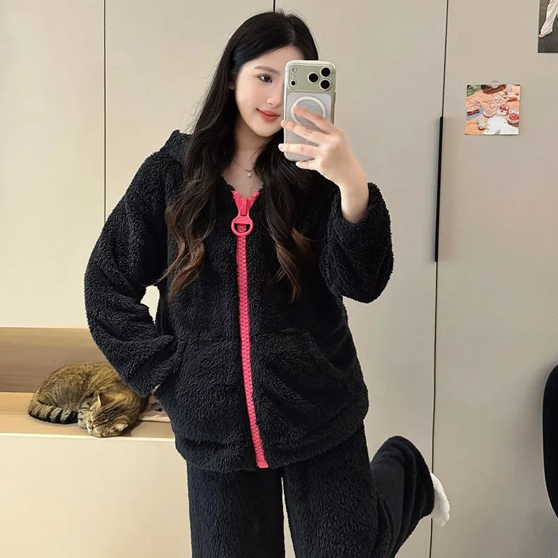بيجامة نسائية شتوية رائجة من الفرو الطويل مع قبعة وأذنين كبيرتين وسحاب وأكمام طويلة وبنطال طويل طقم ملابس منزلية دافئ موديل جديد · بيع بالجملة · تصنيع حسب الطلب · شحن عالمي - View 3