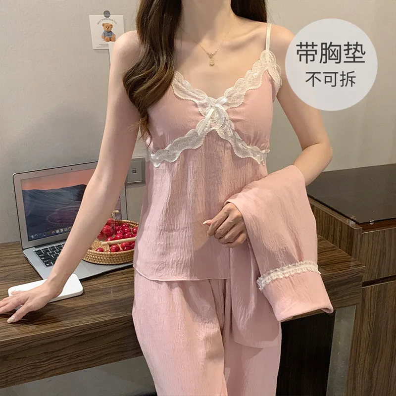구름솜 파자마 여성 가을 달콤한 캐미솔 브라패드 포함 긴팔 긴바지 빅사이즈 230근 3종 세트 홈웨어 · 도매 · OEM · 전 세계 배송 - View 3