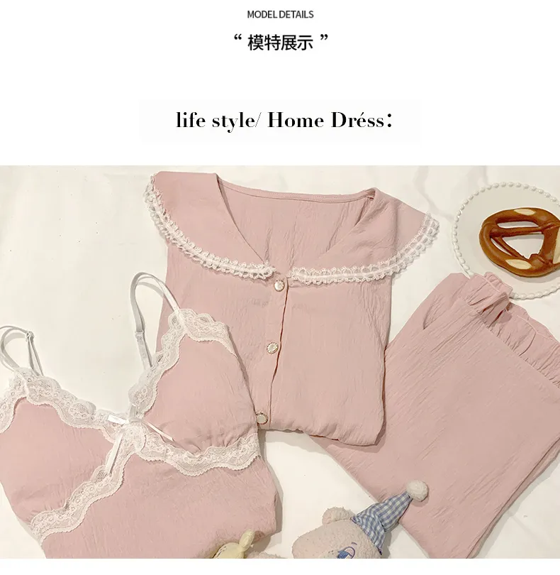 구름솜 파자마 여성 가을 달콤한 캐미솔 브라패드 포함 긴팔 긴바지 빅사이즈 230근 3종 세트 홈웨어 · 도매 · OEM · 전 세계 배송 - Detail 7