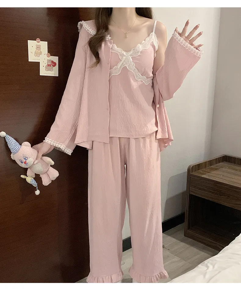 구름솜 파자마 여성 가을 달콤한 캐미솔 브라패드 포함 긴팔 긴바지 빅사이즈 230근 3종 세트 홈웨어 · 도매 · OEM · 전 세계 배송 - Detail 10