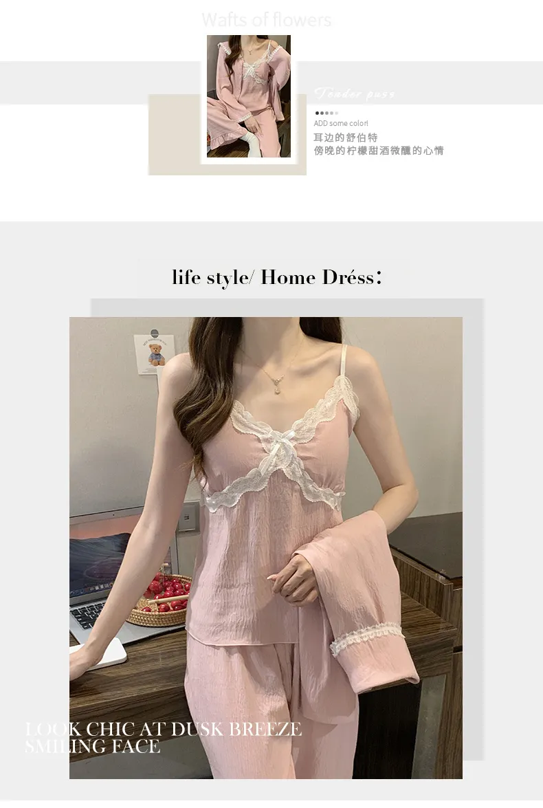 구름솜 파자마 여성 가을 달콤한 캐미솔 브라패드 포함 긴팔 긴바지 빅사이즈 230근 3종 세트 홈웨어 · 도매 · OEM · 전 세계 배송 - Detail 4