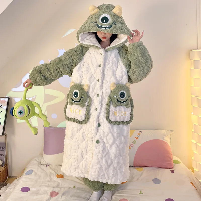 Women's Winter Three-Layer Thickened Thermal Coral Fleece Quilted Mid-Length Robe Set with Cartoon Print Homewear Set · Wholesale · OEM · Worldwide Shipping - View 3