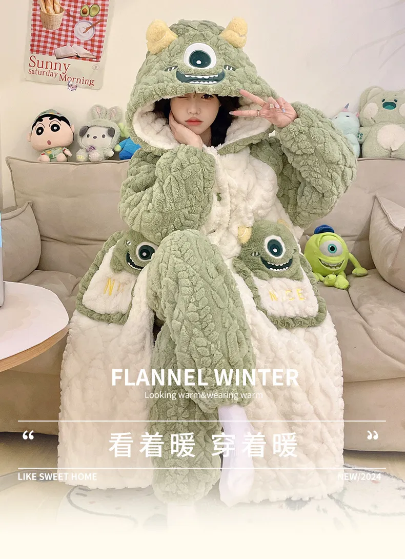 Women's Winter Three-Layer Thickened Thermal Coral Fleece Quilted Mid-Length Robe Set with Cartoon Print Homewear Set · Wholesale · OEM · Worldwide Shipping - Detail 1
