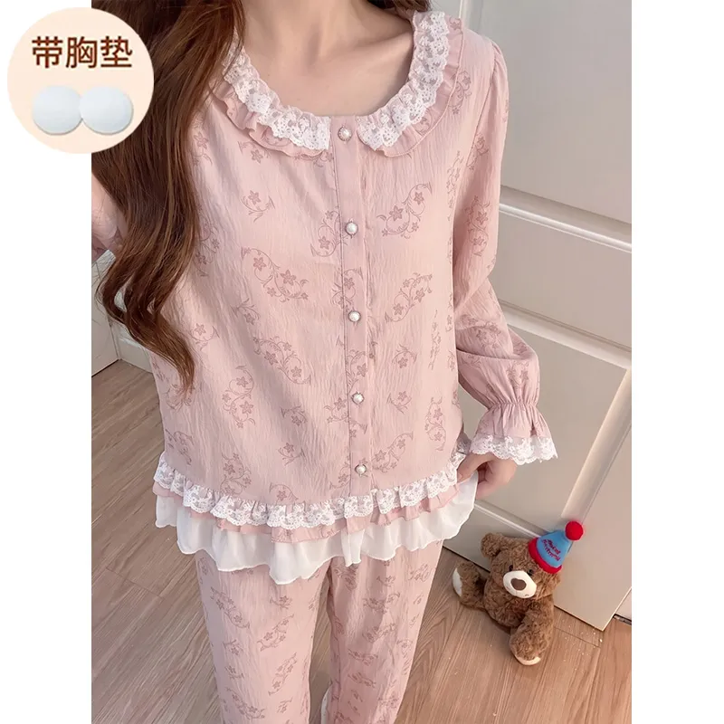 Cloud Cotton Fixed Chest Pad Autumn Pajamas Women Long Sleeve Cardigan Sweet Ladies Loungewear Set · Wholesale · OEM · Worldwide Shipping - View 1