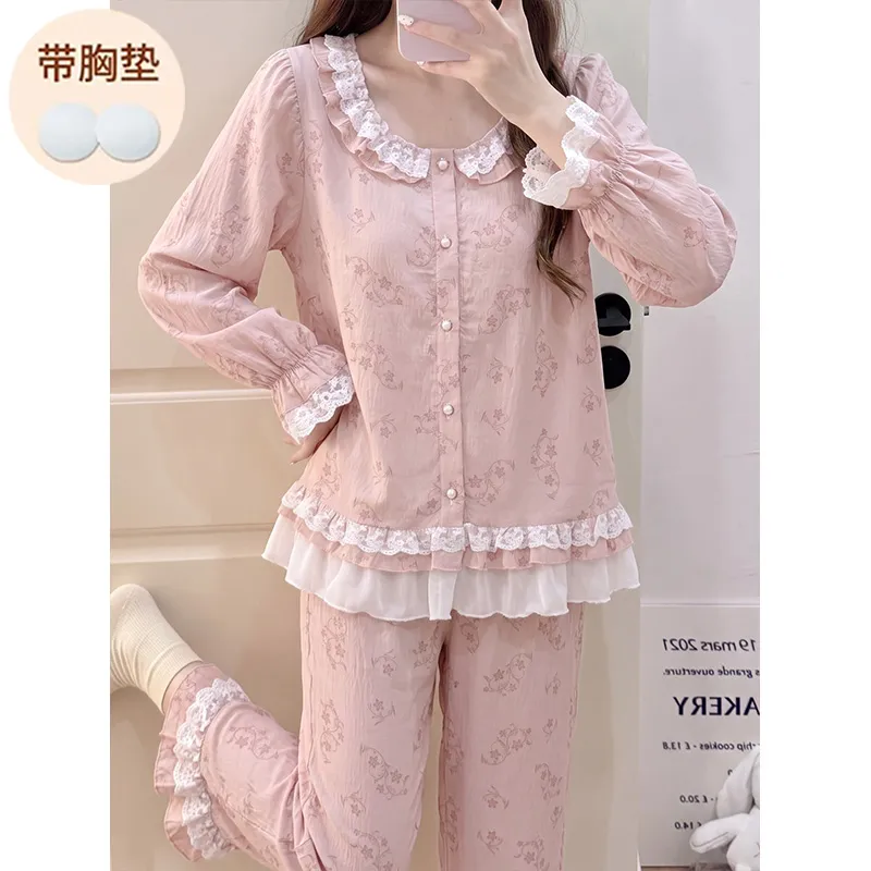 Cloud Cotton Fixed Chest Pad Autumn Pajamas Women Long Sleeve Cardigan Sweet Ladies Loungewear Set · Wholesale · OEM · Worldwide Shipping - View 4