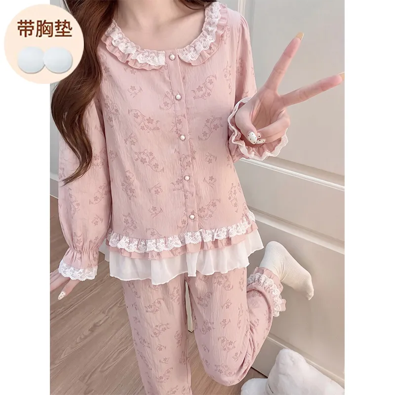 Cloud Cotton Fixed Chest Pad Autumn Pajamas Women Long Sleeve Cardigan Sweet Ladies Loungewear Set · Wholesale · OEM · Worldwide Shipping - View 2