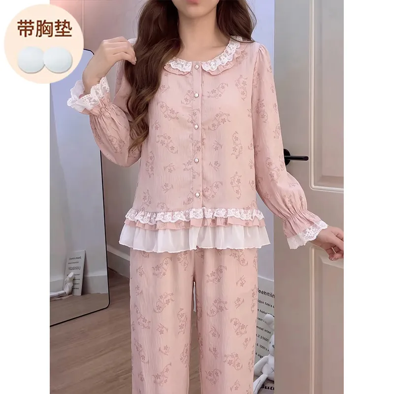 Cloud Cotton Fixed Chest Pad Autumn Pajamas Women Long Sleeve Cardigan Sweet Ladies Loungewear Set · Wholesale · OEM · Worldwide Shipping - View 3