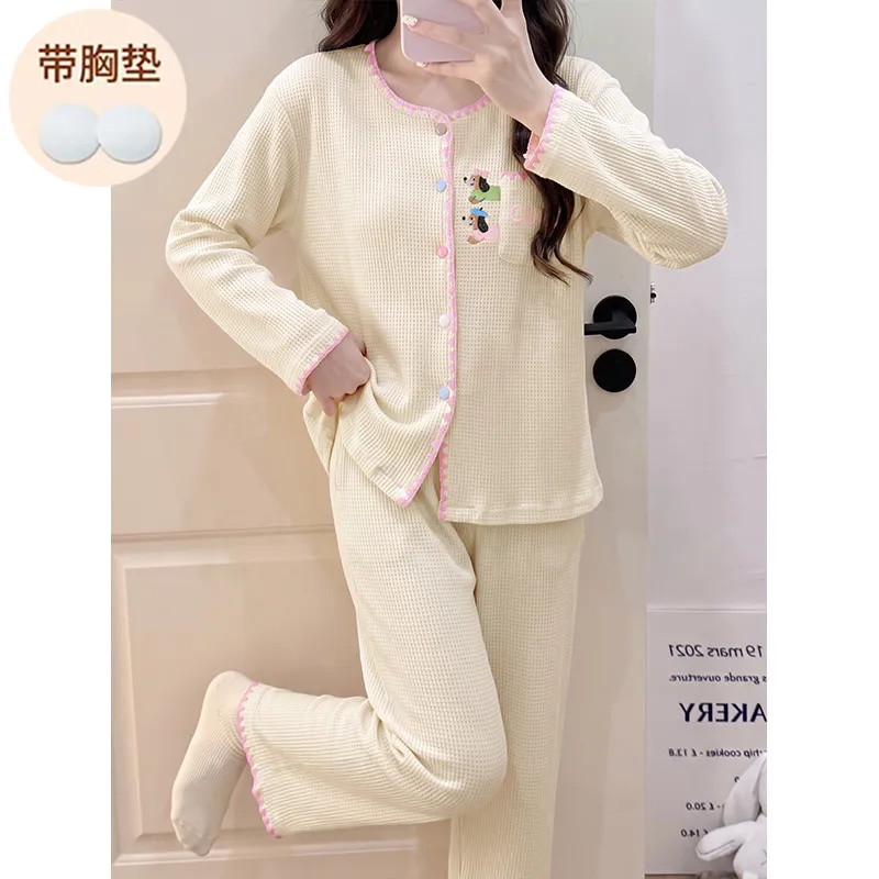 Waffle Fixed Chest Pad Long-Sleeve Pajamas Women Autumn Cardigan Sweet and Cute Outerwear Loungewear · Wholesale · OEM · Worldwide Shipping - View 4