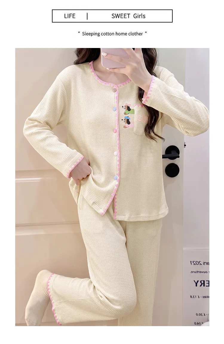 Waffle Fixed Chest Pad Long-Sleeve Pajamas Women Autumn Cardigan Sweet and Cute Outerwear Loungewear · Wholesale · OEM · Worldwide Shipping - Detail 8
