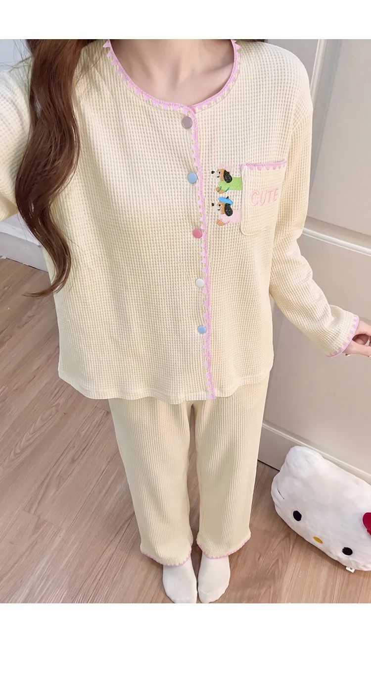 Waffle Fixed Chest Pad Long-Sleeve Pajamas Women Autumn Cardigan Sweet and Cute Outerwear Loungewear · Wholesale · OEM · Worldwide Shipping - Detail 9