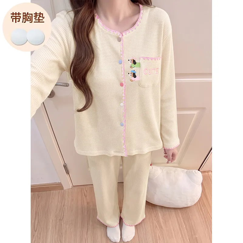 Waffle Fixed Chest Pad Long-Sleeve Pajamas Women Autumn Cardigan Sweet and Cute Outerwear Loungewear · Wholesale · OEM · Worldwide Shipping - View 2
