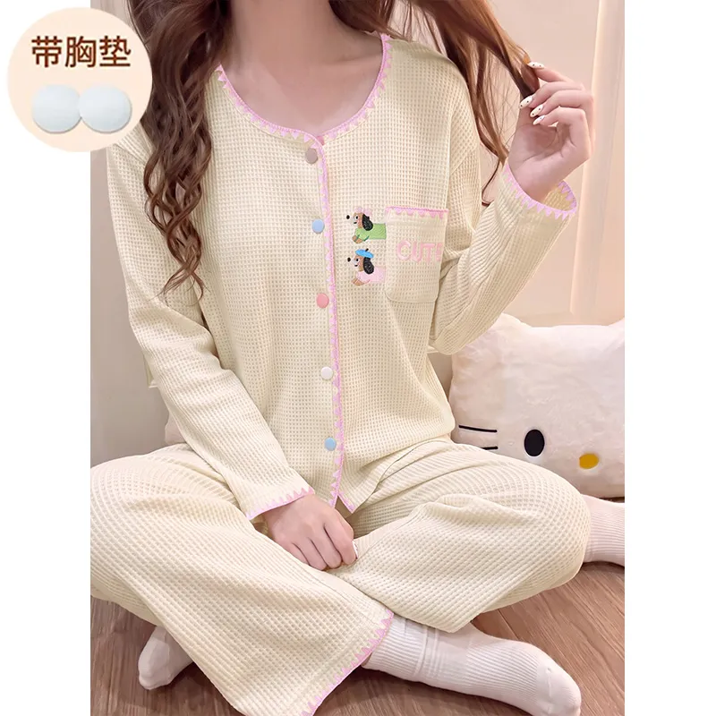 Waffle Fixed Chest Pad Long-Sleeve Pajamas Women Autumn Cardigan Sweet and Cute Outerwear Loungewear · Wholesale · OEM · Worldwide Shipping
