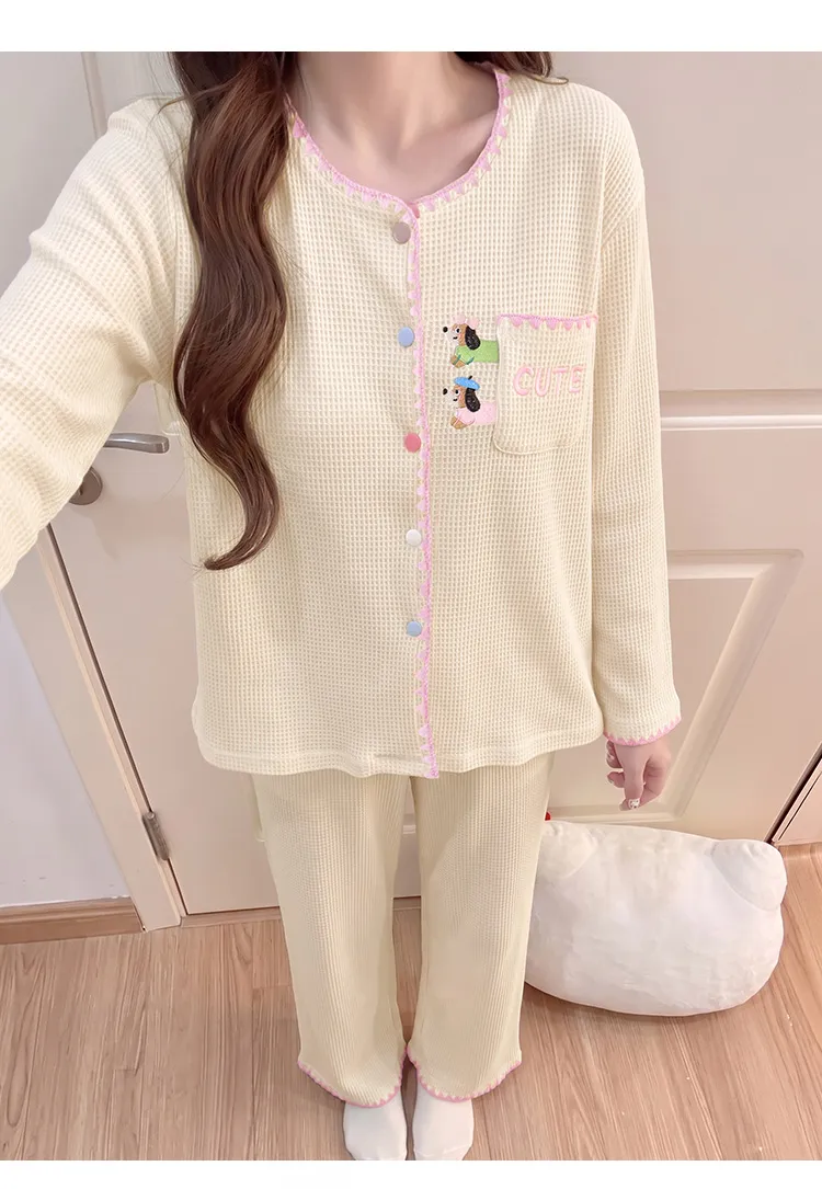 Waffle Fixed Chest Pad Long-Sleeve Pajamas Women Autumn Cardigan Sweet and Cute Outerwear Loungewear · Wholesale · OEM · Worldwide Shipping - Detail 7