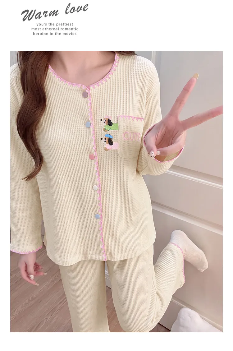 Waffle Fixed Chest Pad Long-Sleeve Pajamas Women Autumn Cardigan Sweet and Cute Outerwear Loungewear · Wholesale · OEM · Worldwide Shipping - Detail 6