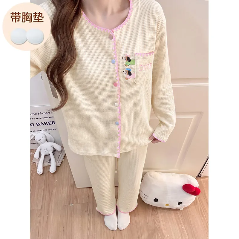 Waffle Fixed Chest Pad Long-Sleeve Pajamas Women Autumn Cardigan Sweet and Cute Outerwear Loungewear · Wholesale · OEM · Worldwide Shipping - View 3