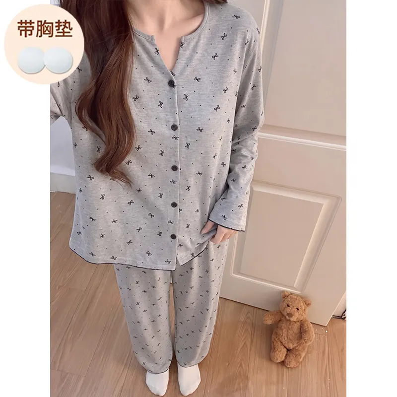 Cotton-like Stretch Fixed Chest Pad Autumn Long-sleeve Pajamas Women's Cardigan Sweet Wearable Outside Homewear · Wholesale · OEM · Worldwide Shipping - View 2