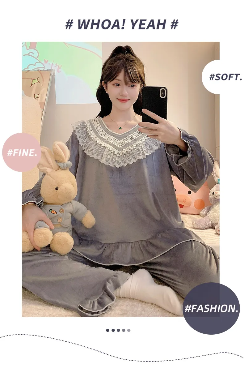 睡美福 아일랜드 벨벳 가을겨울 달콤한 공주 스타일 긴팔 긴바지 빅사이즈 110kg 홈웨어 외출 · 도매 · OEM · 전 세계 배송 - Detail 9