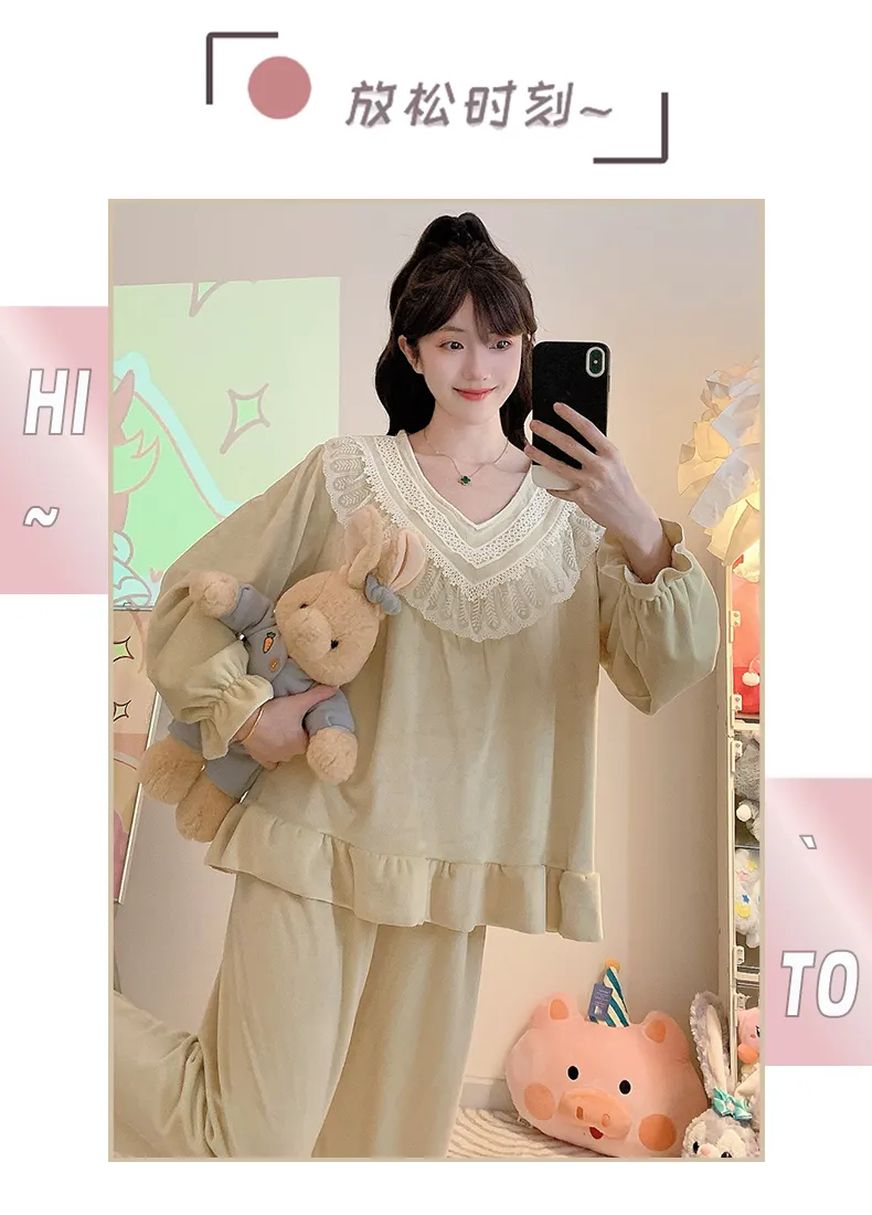 睡美福 아일랜드 벨벳 가을겨울 달콤한 공주 스타일 긴팔 긴바지 빅사이즈 110kg 홈웨어 외출 · 도매 · OEM · 전 세계 배송 - Detail 15