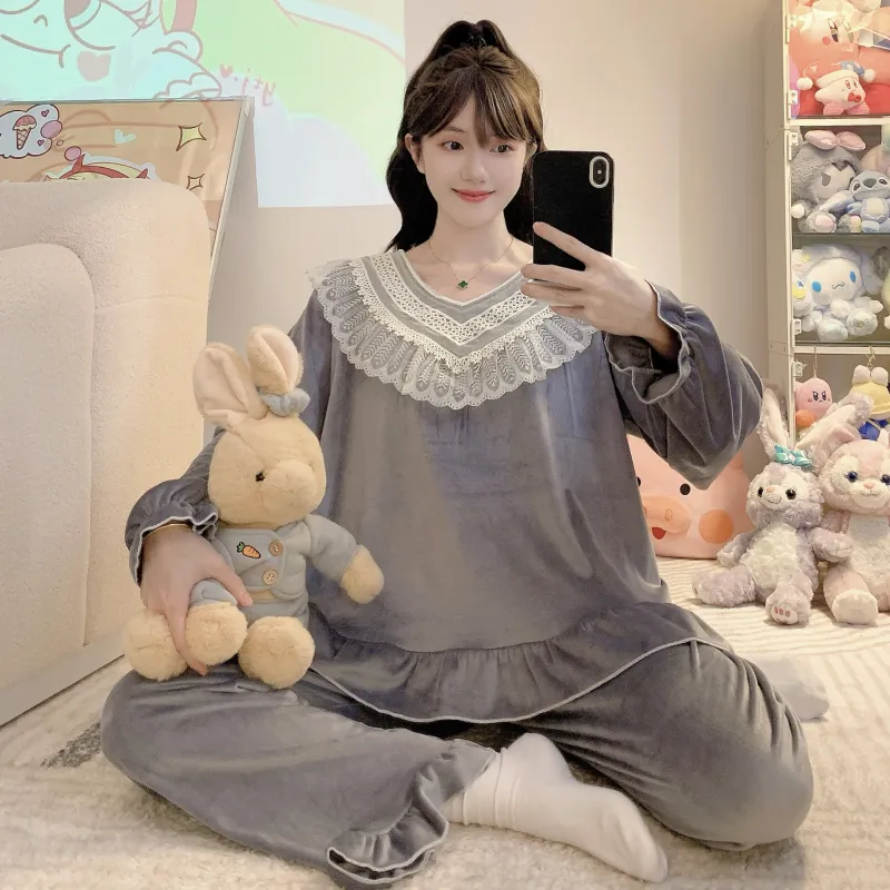 睡美福 아일랜드 벨벳 가을겨울 달콤한 공주 스타일 긴팔 긴바지 빅사이즈 110kg 홈웨어 외출 · 도매 · OEM · 전 세계 배송 - View 2