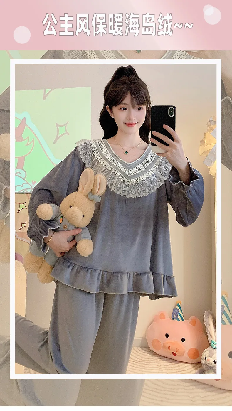 睡美福 아일랜드 벨벳 가을겨울 달콤한 공주 스타일 긴팔 긴바지 빅사이즈 110kg 홈웨어 외출 · 도매 · OEM · 전 세계 배송 - Detail 2