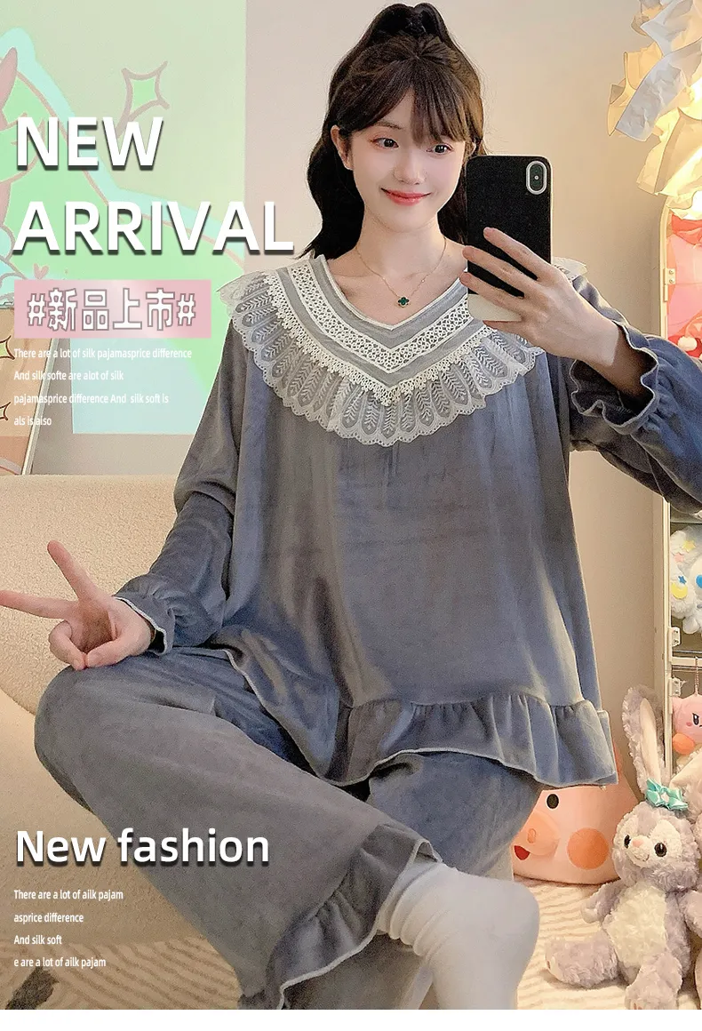 睡美福 아일랜드 벨벳 가을겨울 달콤한 공주 스타일 긴팔 긴바지 빅사이즈 110kg 홈웨어 외출 · 도매 · OEM · 전 세계 배송 - Detail 1