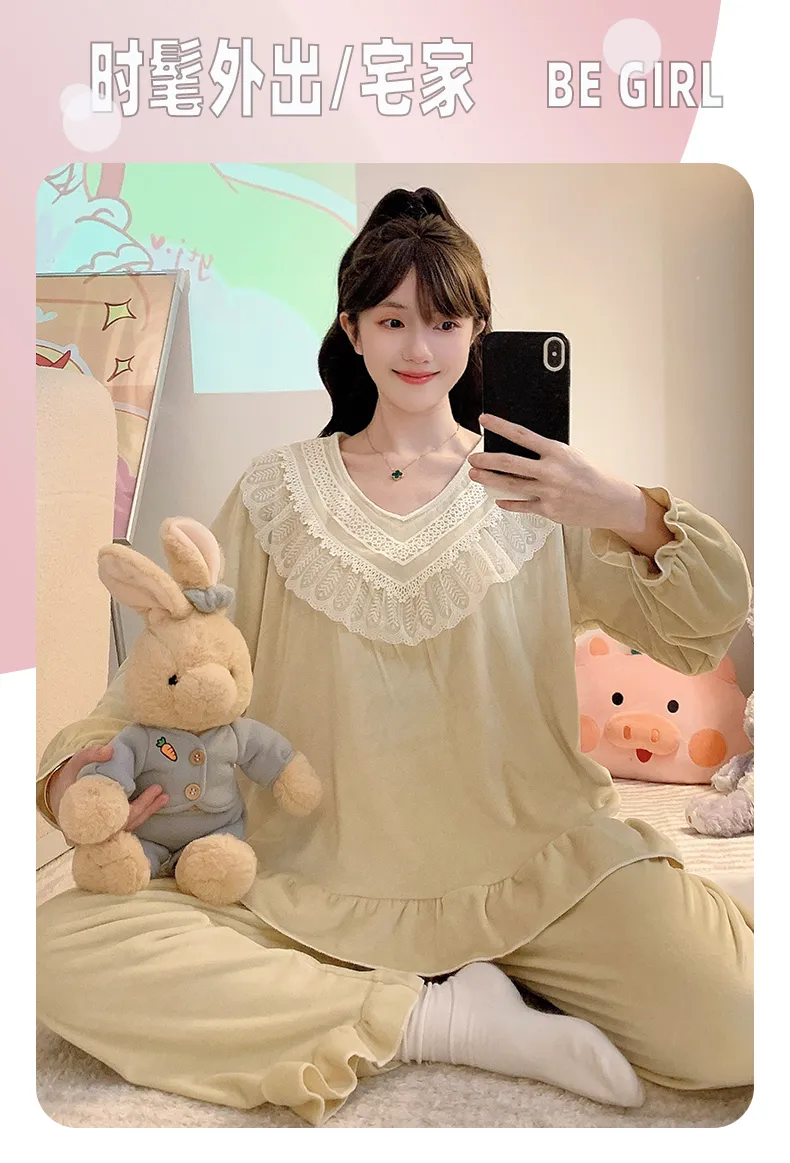 睡美福 아일랜드 벨벳 가을겨울 달콤한 공주 스타일 긴팔 긴바지 빅사이즈 110kg 홈웨어 외출 · 도매 · OEM · 전 세계 배송 - Detail 17