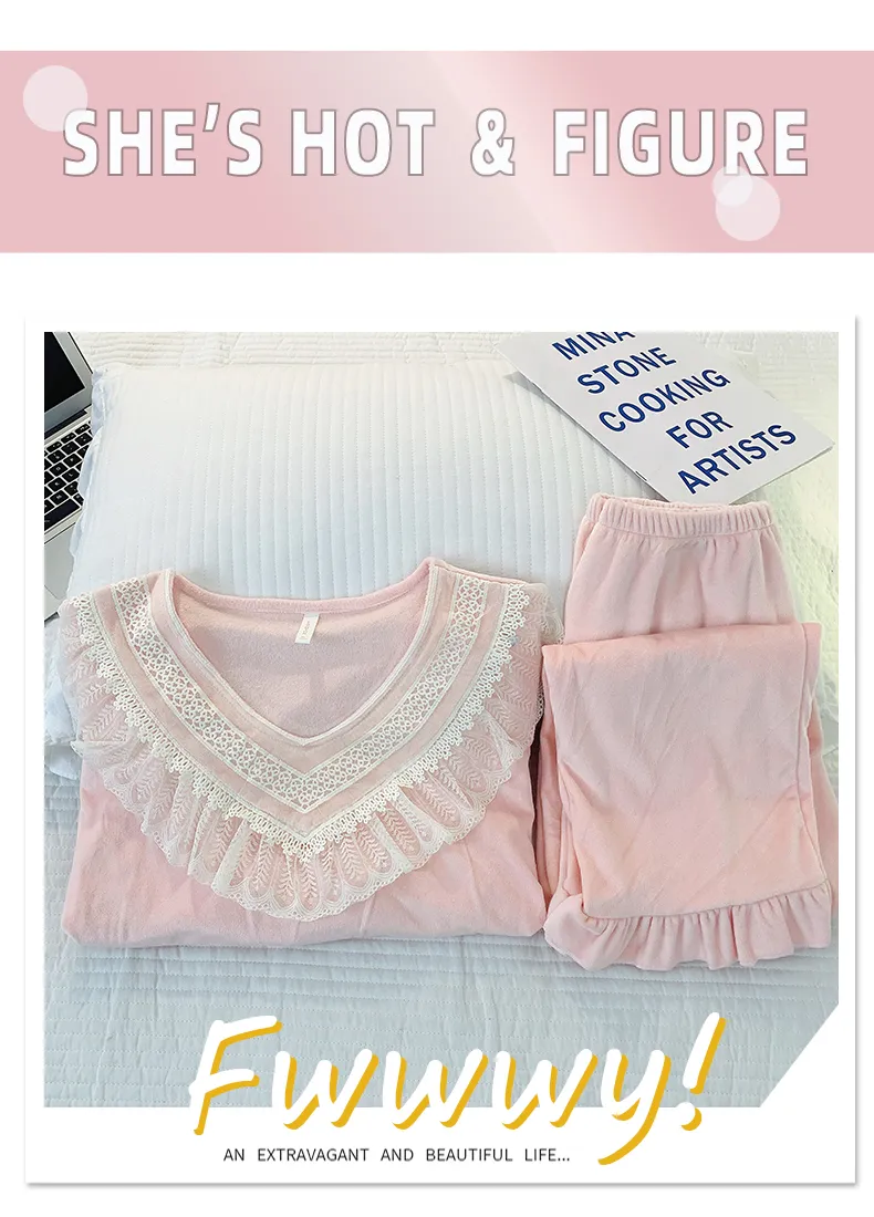 睡美福 아일랜드 벨벳 가을겨울 달콤한 공주 스타일 긴팔 긴바지 빅사이즈 110kg 홈웨어 외출 · 도매 · OEM · 전 세계 배송 - Detail 13