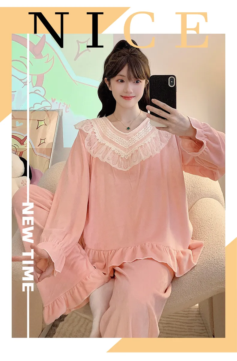 睡美福 아일랜드 벨벳 가을겨울 달콤한 공주 스타일 긴팔 긴바지 빅사이즈 110kg 홈웨어 외출 · 도매 · OEM · 전 세계 배송 - Detail 11