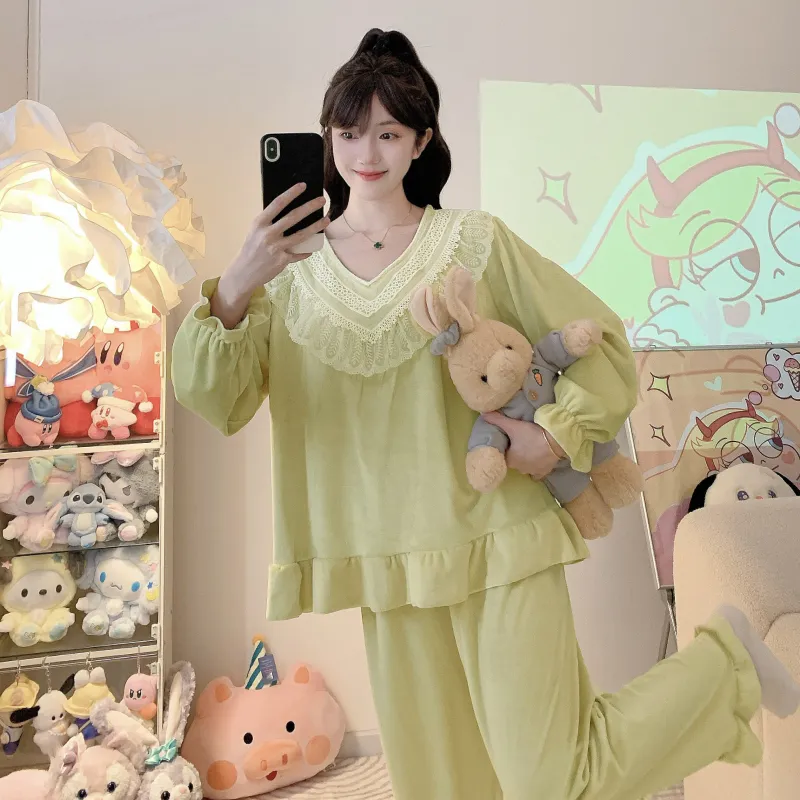 睡美福 아일랜드 벨벳 가을겨울 달콤한 공주 스타일 긴팔 긴바지 빅사이즈 110kg 홈웨어 외출 · 도매 · OEM · 전 세계 배송 - View 3