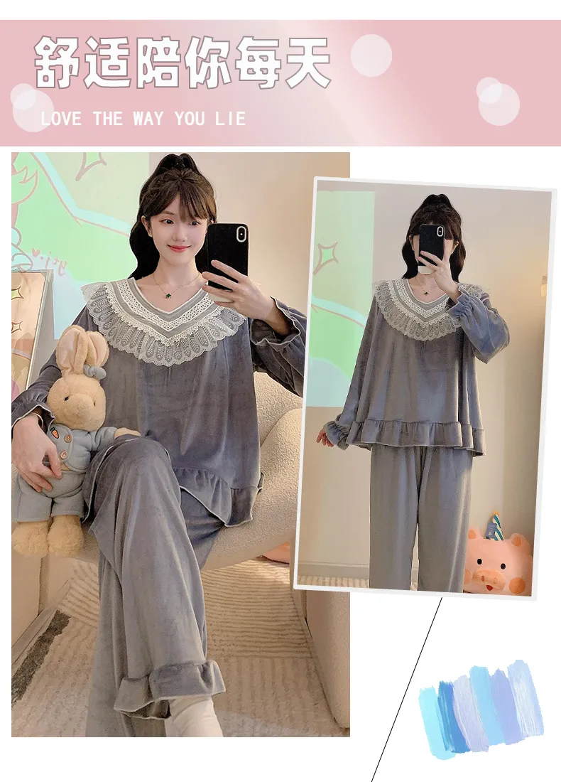 睡美福 아일랜드 벨벳 가을겨울 달콤한 공주 스타일 긴팔 긴바지 빅사이즈 110kg 홈웨어 외출 · 도매 · OEM · 전 세계 배송 - Detail 7