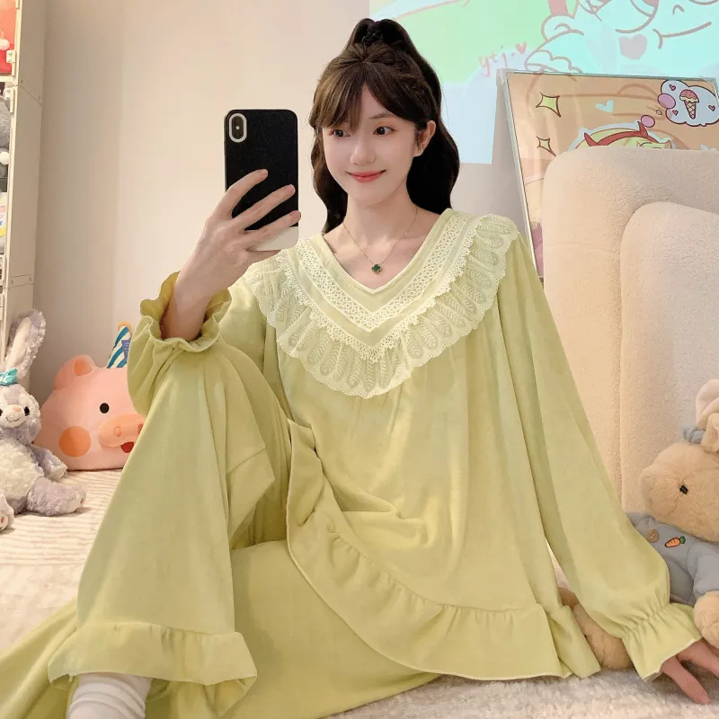 睡美福 아일랜드 벨벳 가을겨울 달콤한 공주 스타일 긴팔 긴바지 빅사이즈 110kg 홈웨어 외출 · 도매 · OEM · 전 세계 배송 - View 4