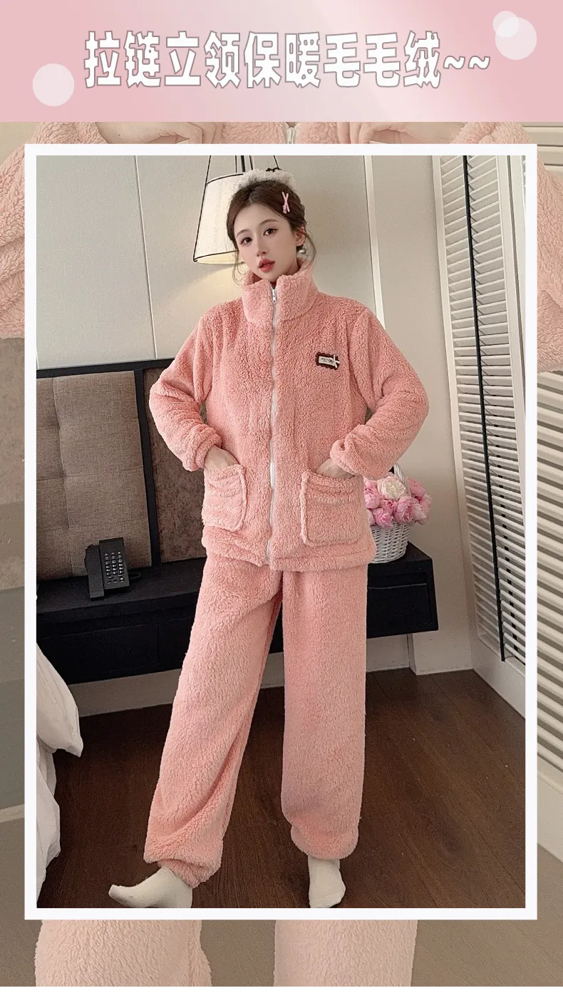 Sleep Beauty Winter Long Plush Pajamas Women Sweet Stand Collar Zipper Long Sleeve Plus Size 240 Jin Chubby MM Loungewear · Wholesale · OEM · Worldwide Shipping - Detail 16