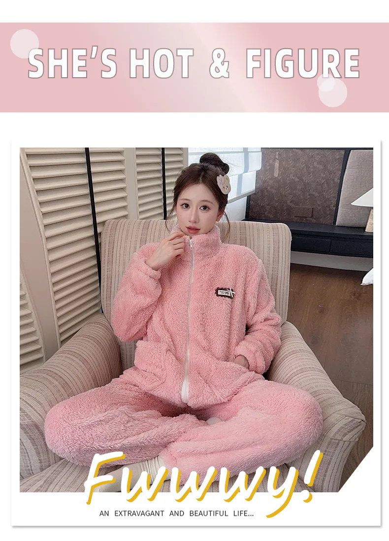 Sleep Beauty Winter Long Plush Pajamas Women Sweet Stand Collar Zipper Long Sleeve Plus Size 240 Jin Chubby MM Loungewear · Wholesale · OEM · Worldwide Shipping - Detail 35