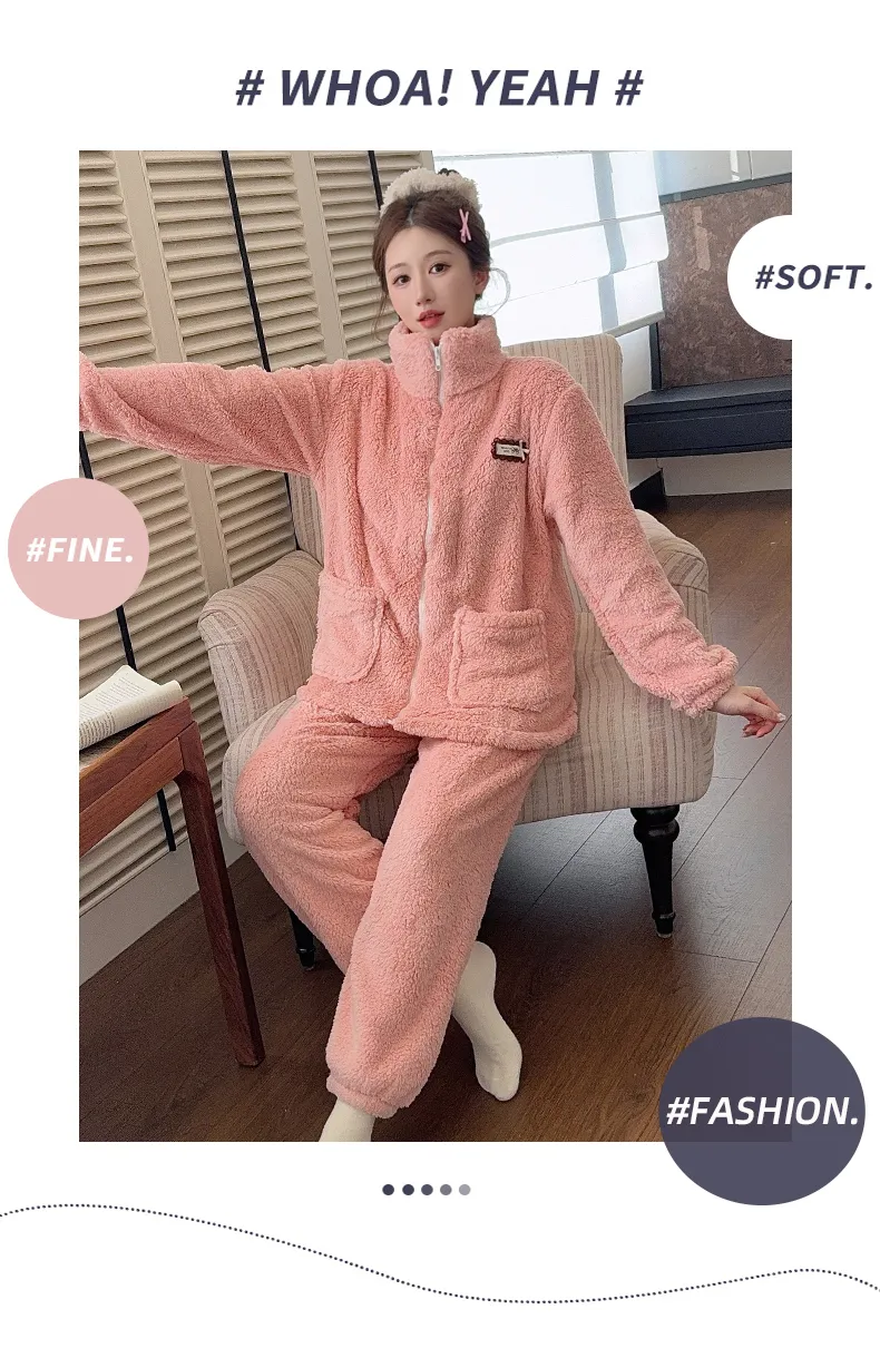 Sleep Beauty Winter Long Plush Pajamas Women Sweet Stand Collar Zipper Long Sleeve Plus Size 240 Jin Chubby MM Loungewear · Wholesale · OEM · Worldwide Shipping - Detail 23