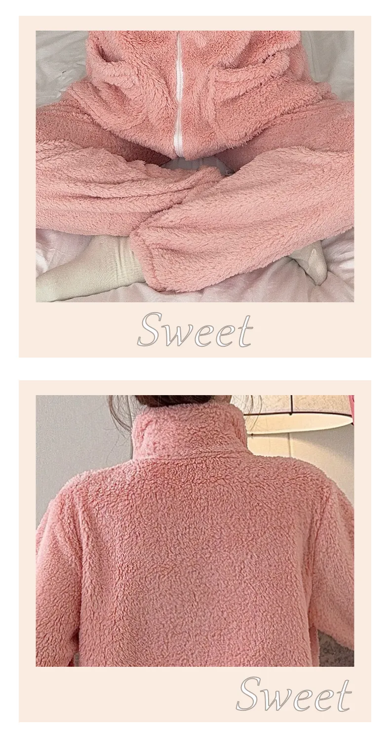 Sleep Beauty Winter Long Plush Pajamas Women Sweet Stand Collar Zipper Long Sleeve Plus Size 240 Jin Chubby MM Loungewear · Wholesale · OEM · Worldwide Shipping - Detail 18