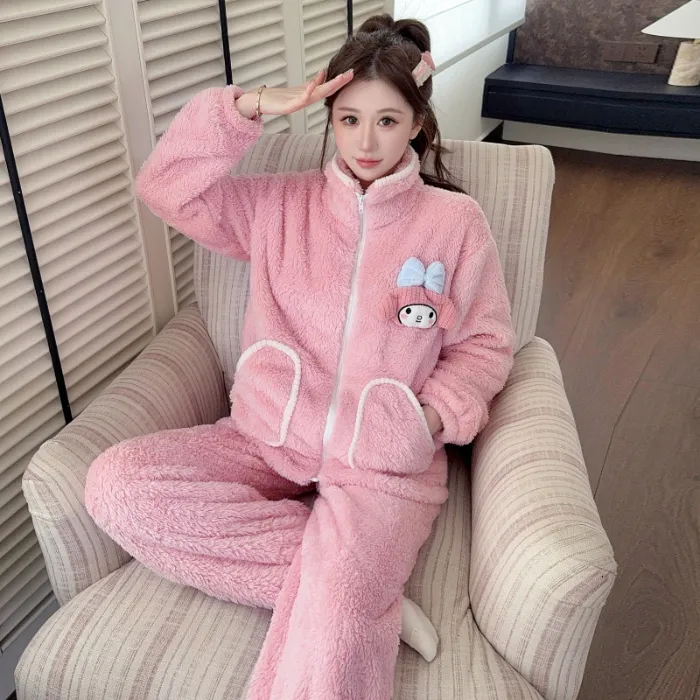 Sleep Beauty Winter Long Plush Pajamas Women Sweet Stand Collar Zipper Long Sleeve Plus Size 240 Jin Chubby MM Loungewear · Wholesale · OEM · Worldwide Shipping - Detail 6