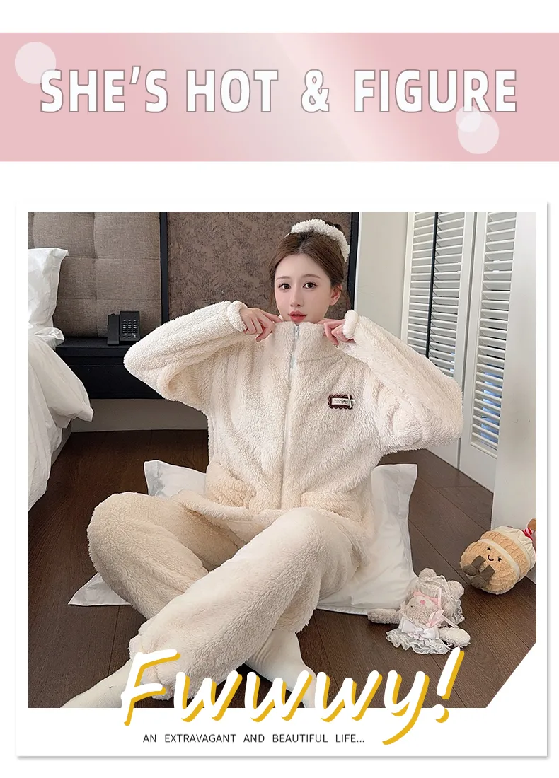 Sleep Beauty Winter Long Plush Pajamas Women Sweet Stand Collar Zipper Long Sleeve Plus Size 240 Jin Chubby MM Loungewear · Wholesale · OEM · Worldwide Shipping - Detail 27
