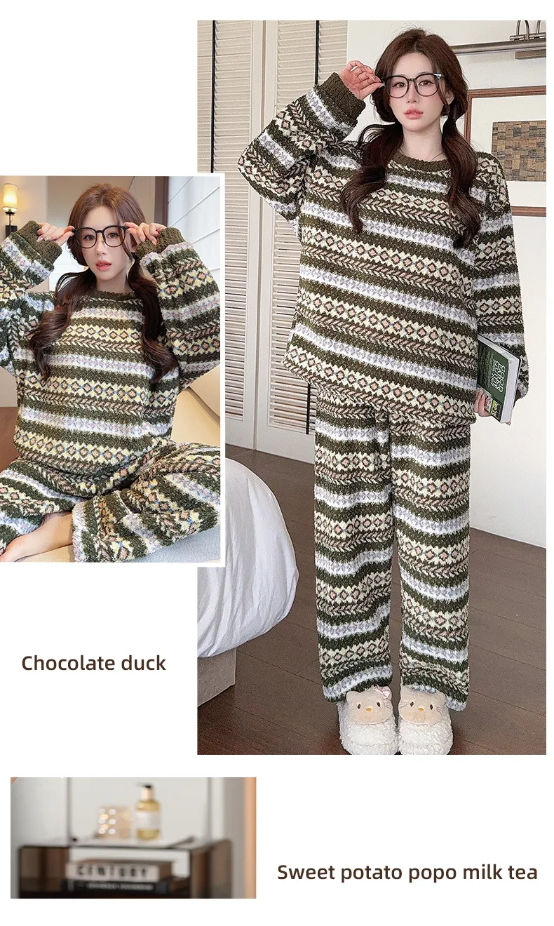 Pyjama femme en velours double face Sleep Beauty, loisirs d'automne et d'hiver, rayures, grande taille, 250 jin, tenue d'intérieur pour femmes rondes, portable à l'extérieur · Grossiste · OEM · Mondial - Detail 26