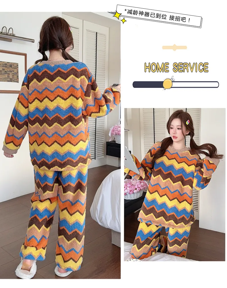 Pyjama femme en velours double face Sleep Beauty, loisirs d'automne et d'hiver, rayures, grande taille, 250 jin, tenue d'intérieur pour femmes rondes, portable à l'extérieur · Grossiste · OEM · Mondial - Detail 22