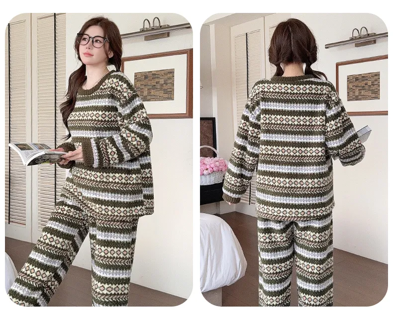 Pyjama femme en velours double face Sleep Beauty, loisirs d'automne et d'hiver, rayures, grande taille, 250 jin, tenue d'intérieur pour femmes rondes, portable à l'extérieur · Grossiste · OEM · Mondial - Detail 28