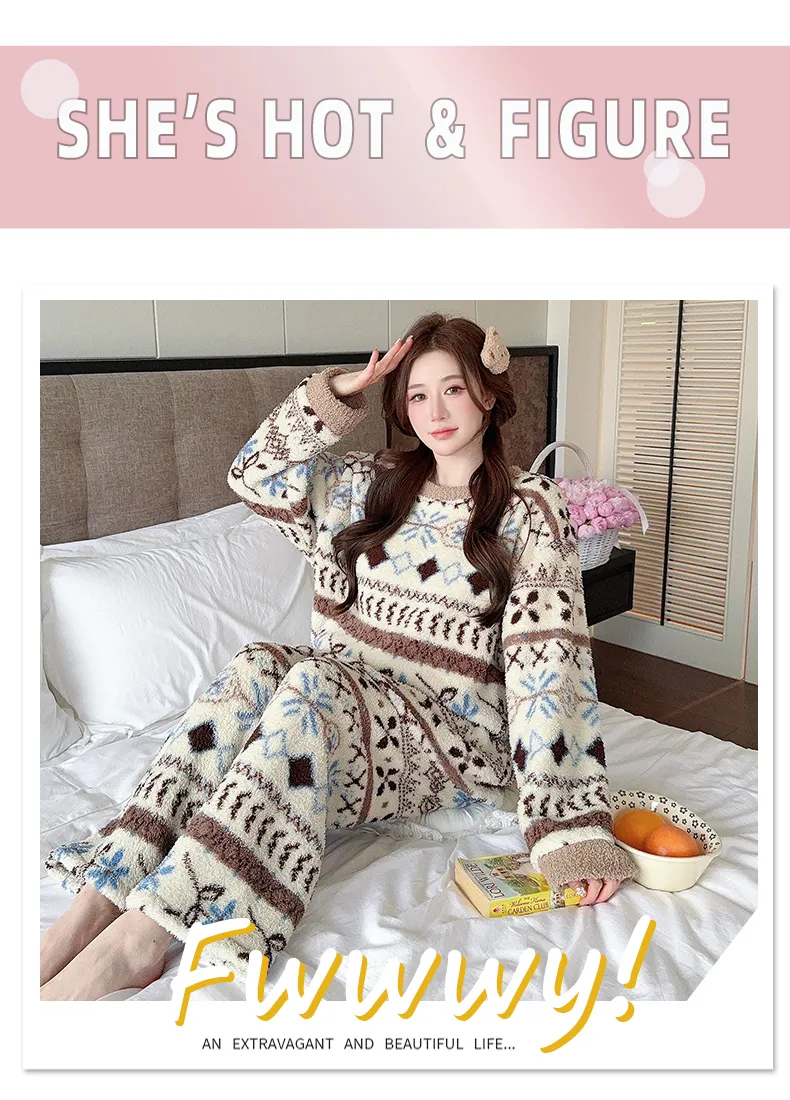 Pyjama femme en velours double face Sleep Beauty, loisirs d'automne et d'hiver, rayures, grande taille, 250 jin, tenue d'intérieur pour femmes rondes, portable à l'extérieur · Grossiste · OEM · Mondial - Detail 19